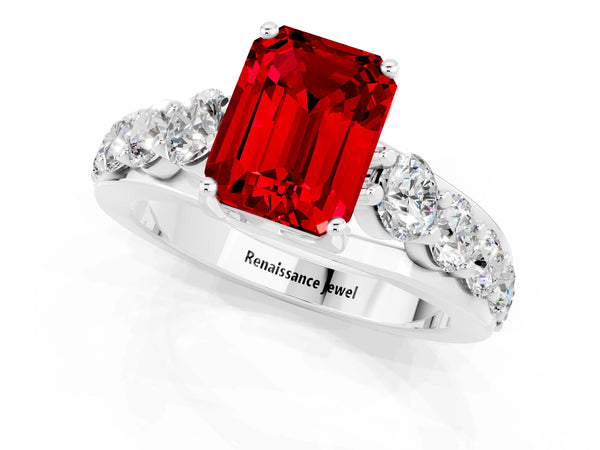 Silver Emerald Cut Ruby Engagement Ring with Pavé Band and Four-Prong Setting