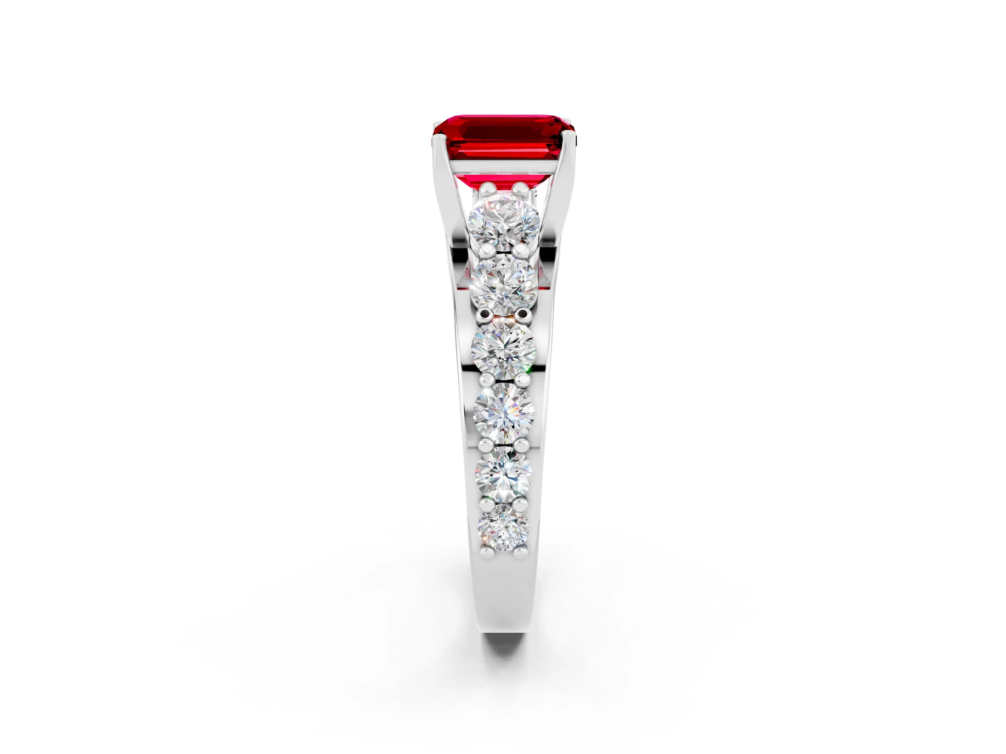 White gold Emerald Cut Ruby Engagement Ring with Pavé Band and Four-Prong Setting_2