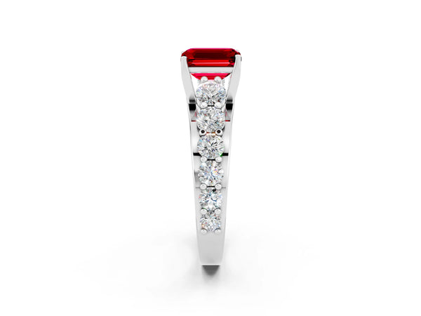 Platinum Emerald Cut Ruby Engagement Ring with Pavé Band and Four-Prong Setting