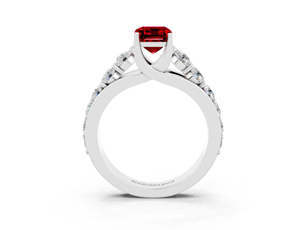 Silver Emerald Cut Ruby Engagement Ring with Pavé Band and Four-Prong Setting