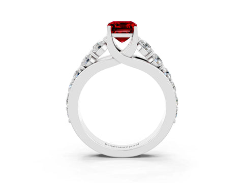 White gold Emerald Cut Ruby Engagement Ring with Pavé Band and Four-Prong Setting_3