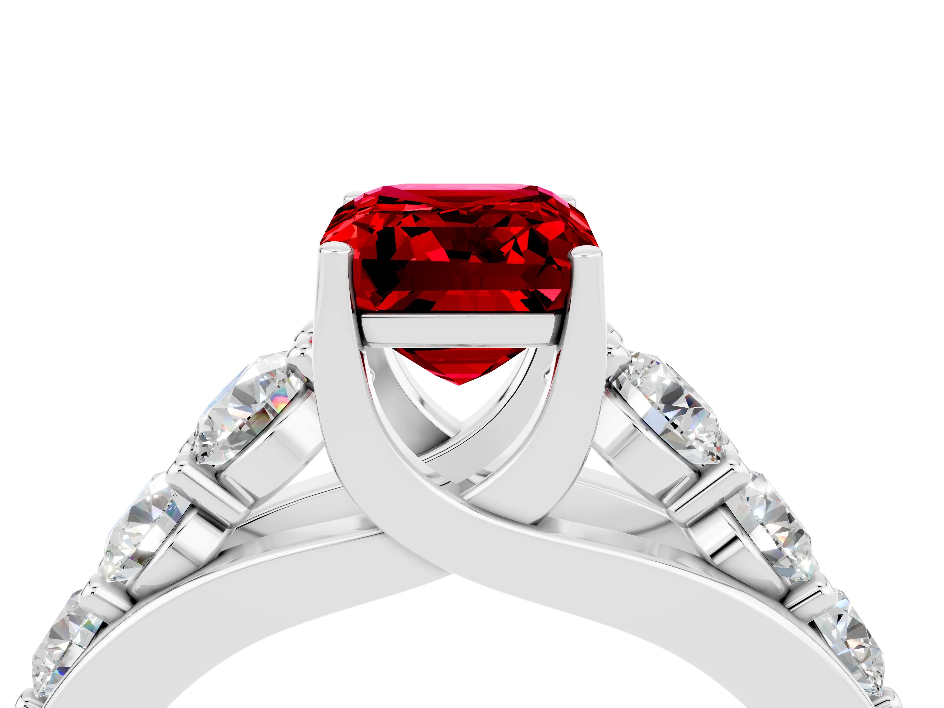 White gold Emerald Cut Ruby Engagement Ring with Pavé Band and Four-Prong Setting_4
