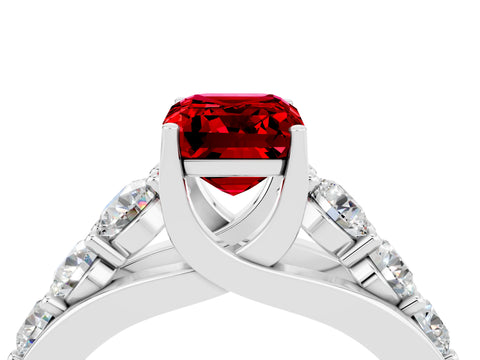White gold Emerald Cut Ruby Engagement Ring with Pavé Band and Four-Prong Setting_4