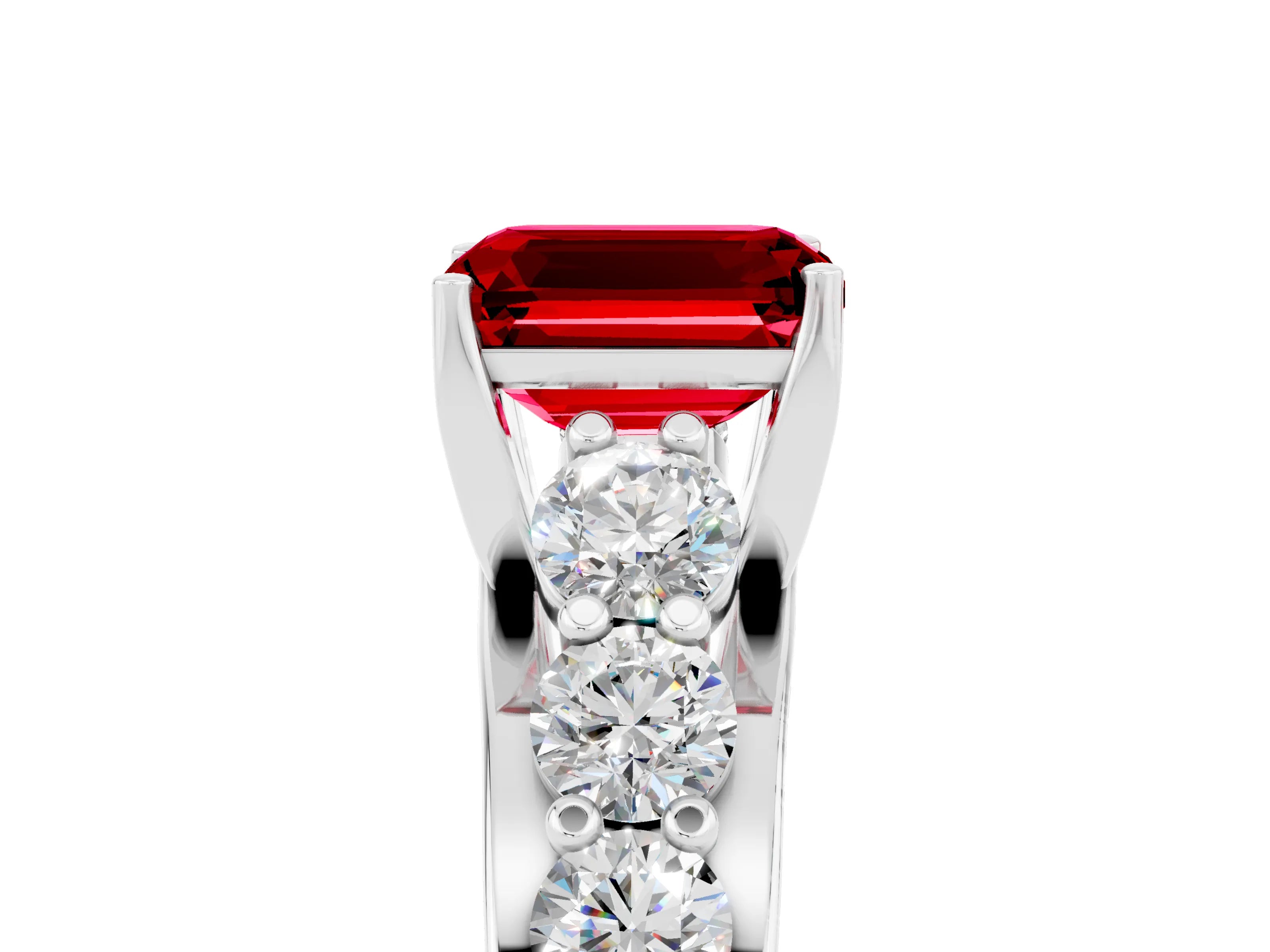 White gold Emerald Cut Ruby Engagement Ring with Pavé Band and Four-Prong Setting_5