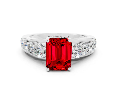 White gold Emerald Cut Ruby Engagement Ring with Pavé Band and Four-Prong Setting