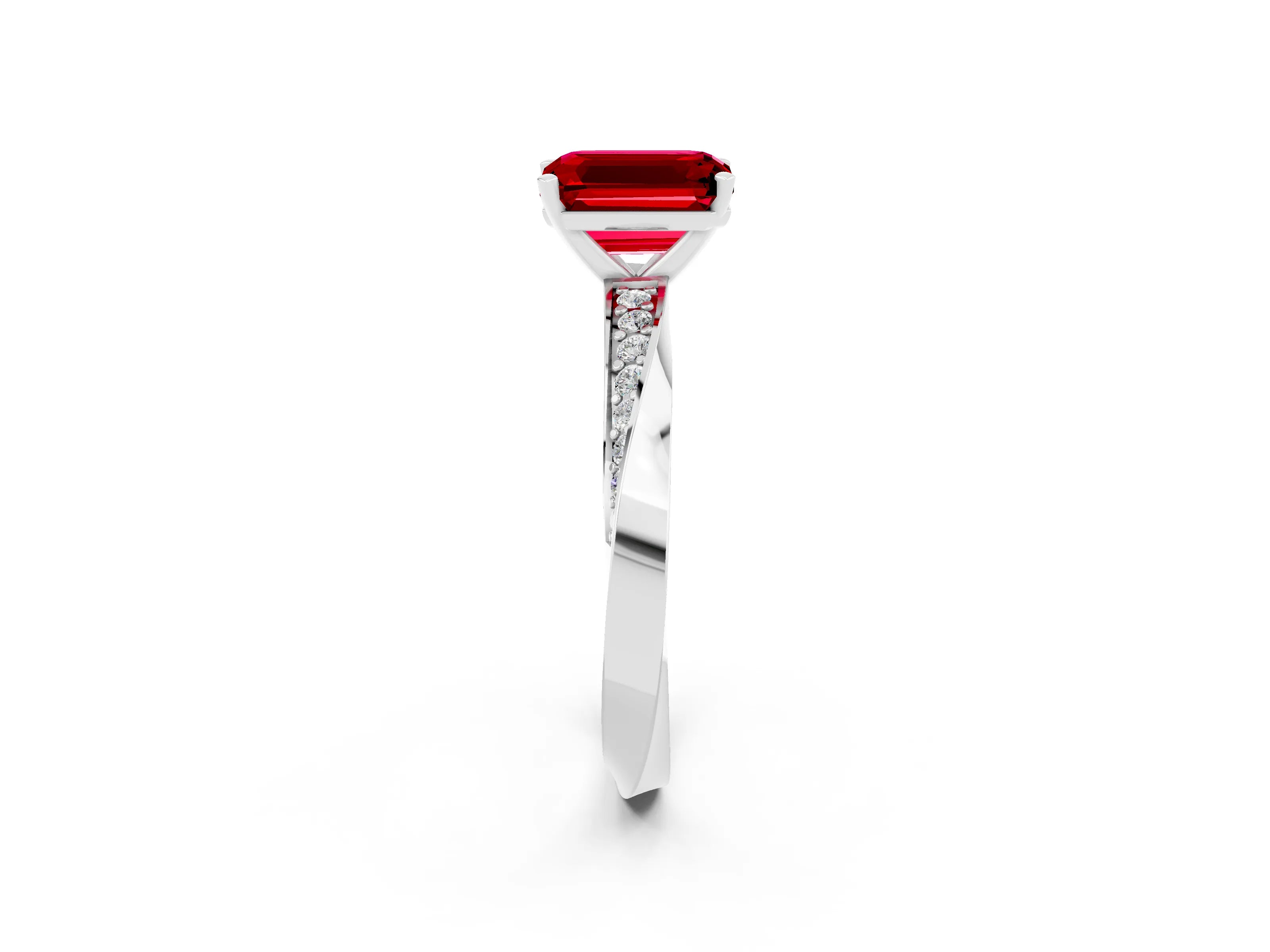 White gold Emerald Cut Ruby Engagement Ring with Side Stone Accents and Four-Prong Setting_29