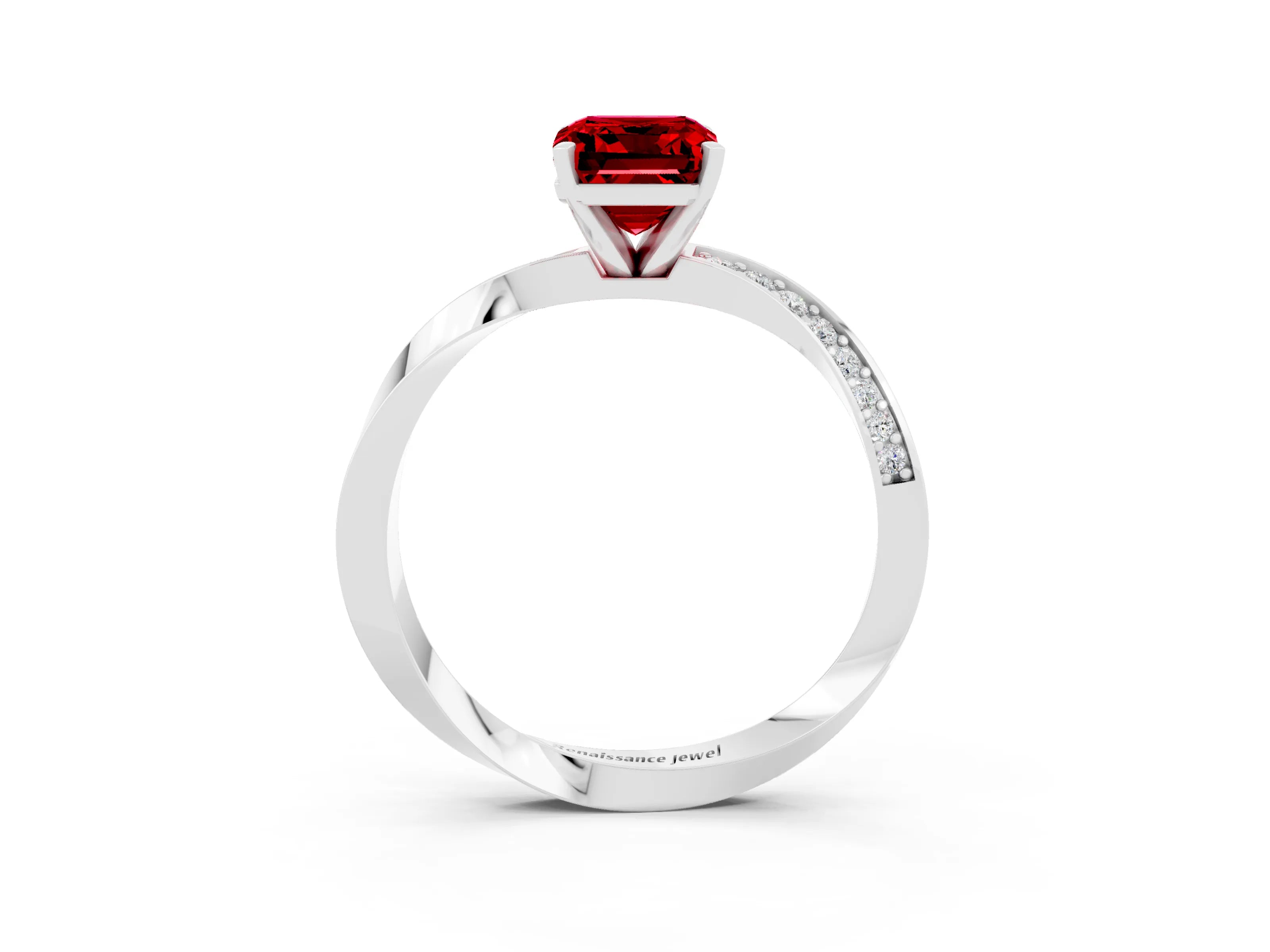 White gold Emerald Cut Ruby Engagement Ring with Side Stone Accents and Four-Prong Setting_30