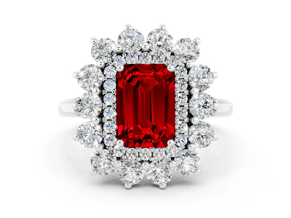 Platinum Emerald Cut Ruby Floral Double Halo Engagement Ring with Prong Setting