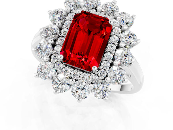 Platinum Emerald Cut Ruby Floral Double Halo Engagement Ring with Prong Setting