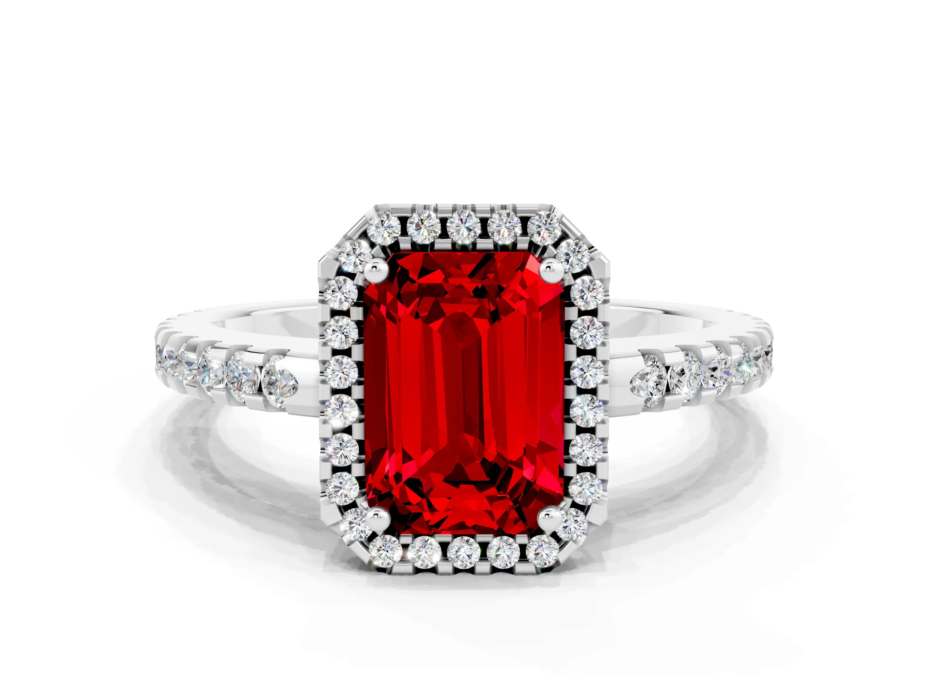 White gold Emerald Cut Ruby Halo Engagement Ring with Pavé Band and Prong Setting_12