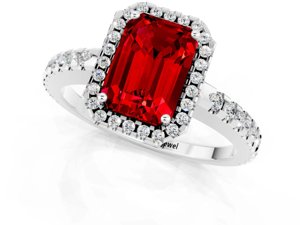 Platinum Emerald Cut Ruby Halo Engagement Ring with Pavé Band and Prong Setting