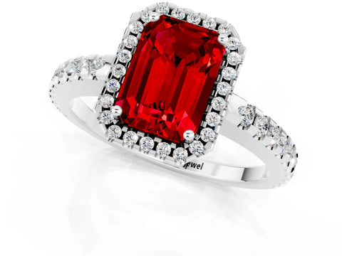 White gold Emerald Cut Ruby Halo Engagement Ring with Pavé Band and Prong Setting_13