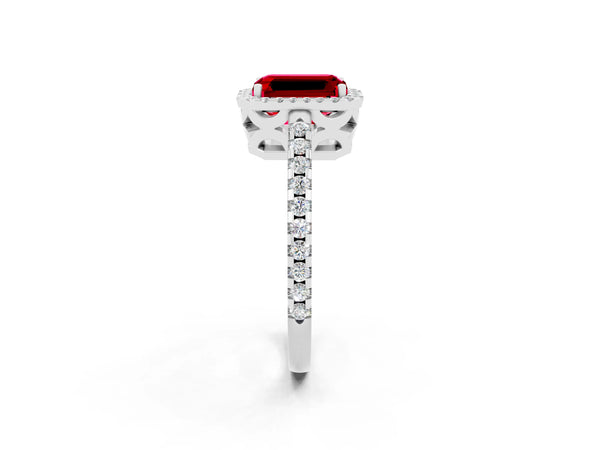 Platinum Emerald Cut Ruby Halo Engagement Ring with Pavé Band and Prong Setting