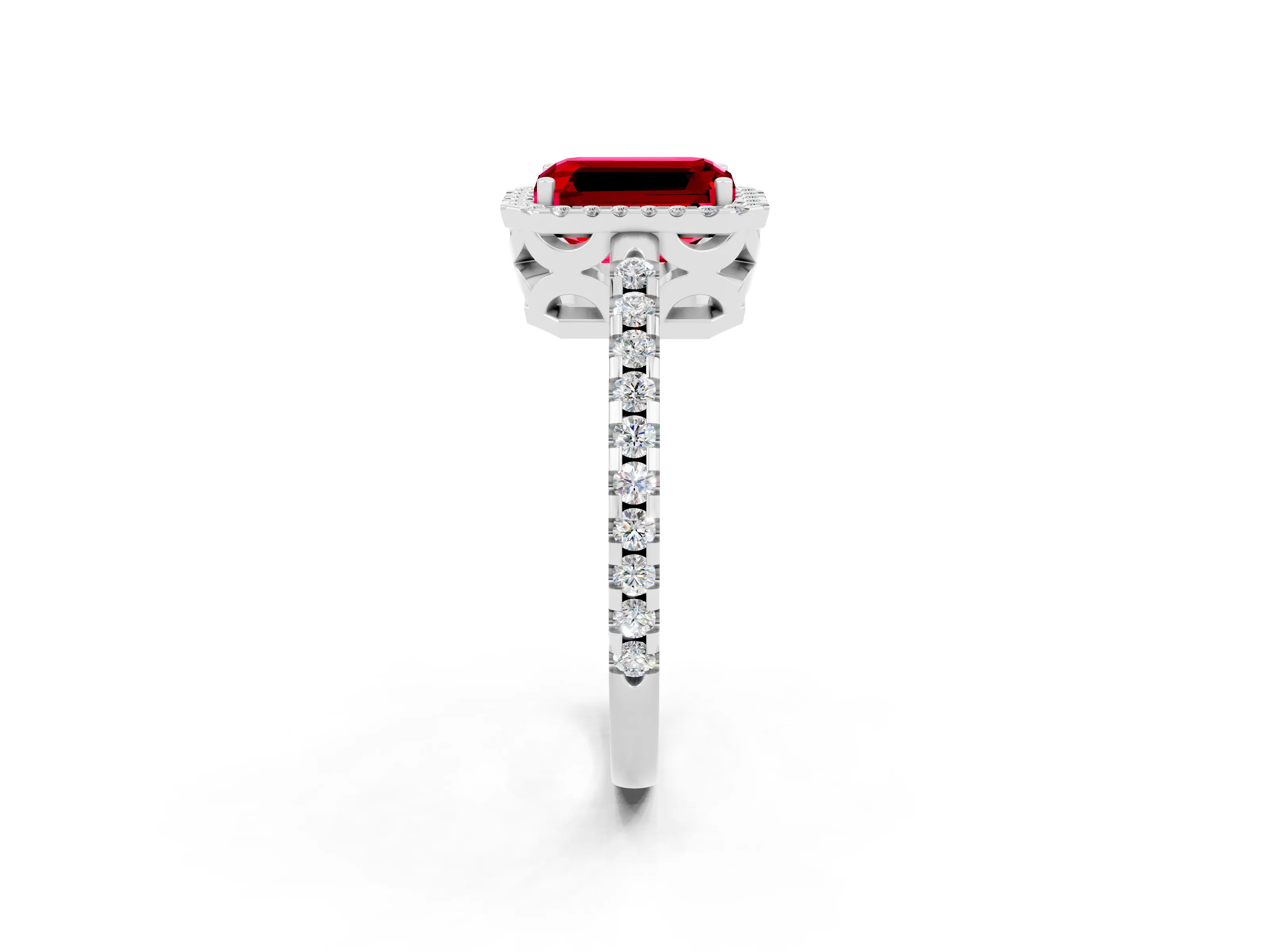 White gold Emerald Cut Ruby Halo Engagement Ring with Pavé Band and Prong Setting_14