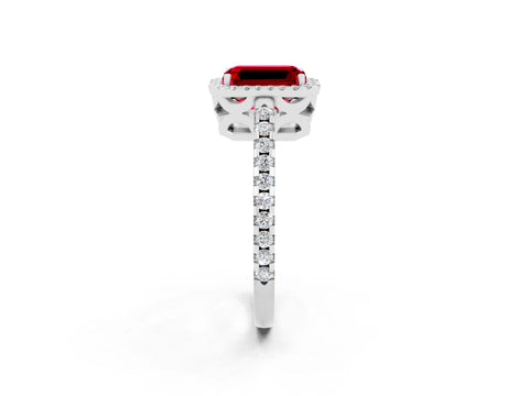 White gold Emerald Cut Ruby Halo Engagement Ring with Pavé Band and Prong Setting_14