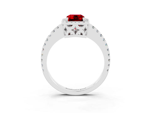 White gold Emerald Cut Ruby Halo Engagement Ring with Pavé Band and Prong Setting_15