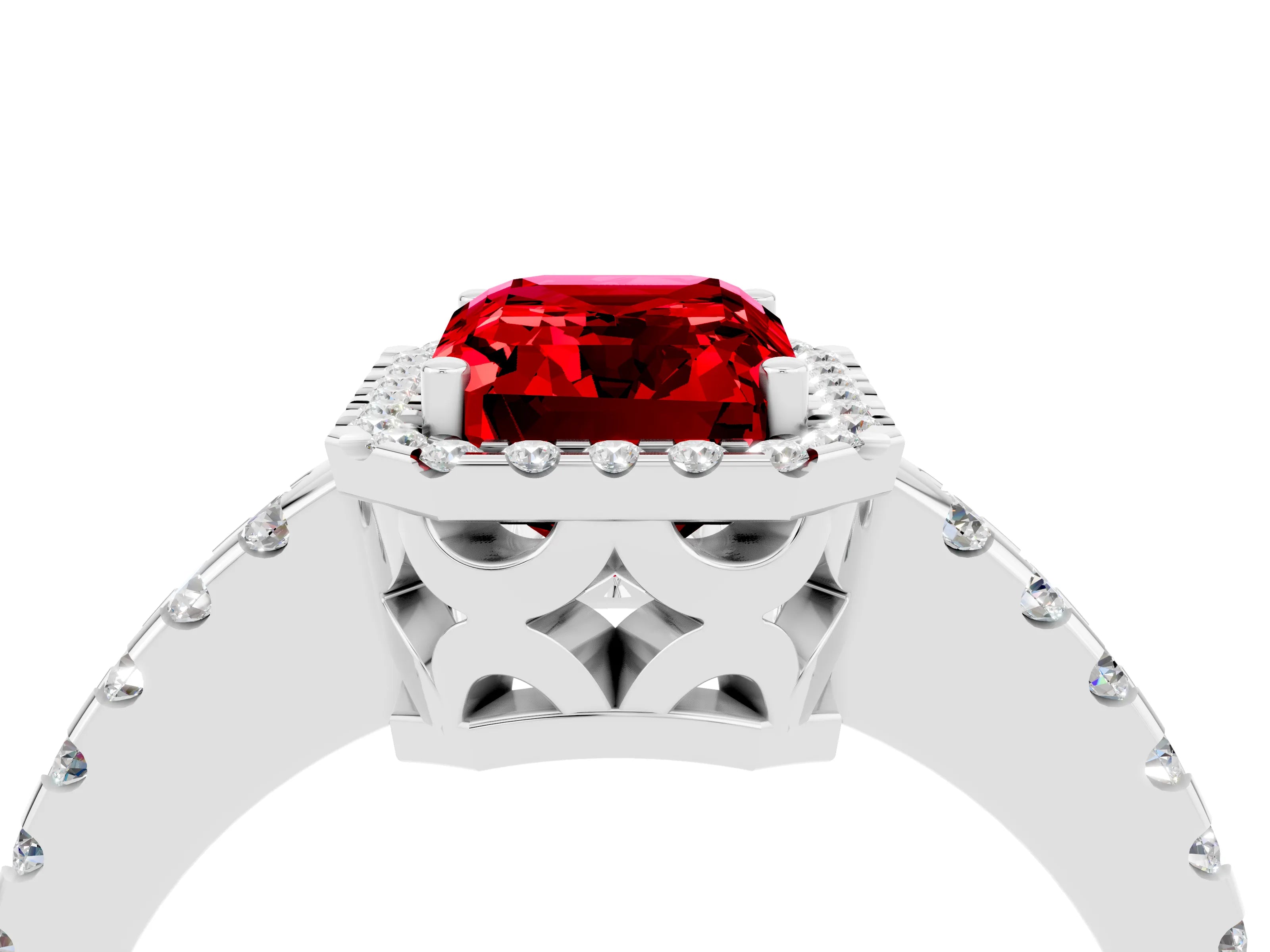 White gold Emerald Cut Ruby Halo Engagement Ring with Pavé Band and Prong Setting_16
