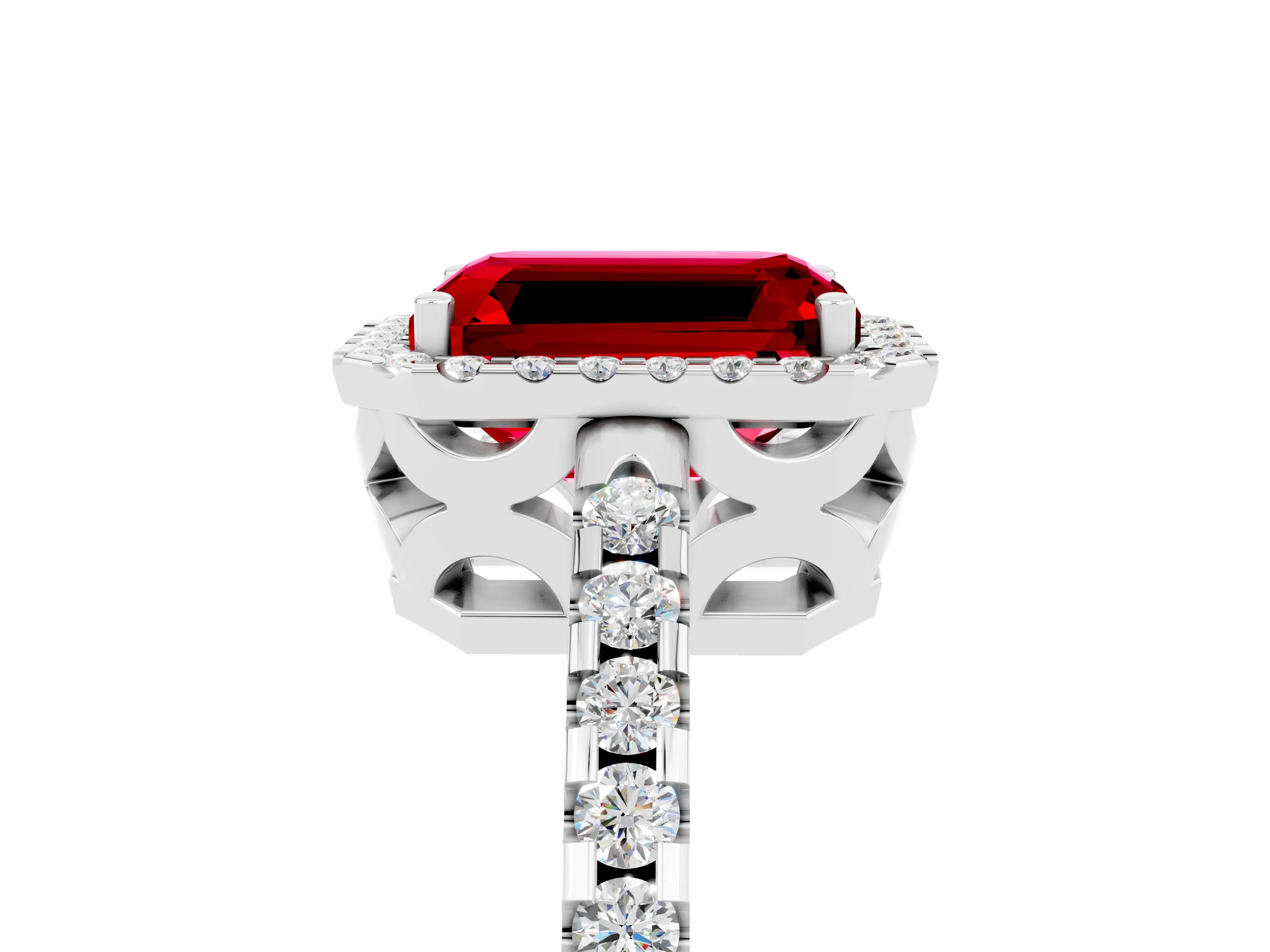White gold Emerald Cut Ruby Halo Engagement Ring with Pavé Band and Prong Setting_17