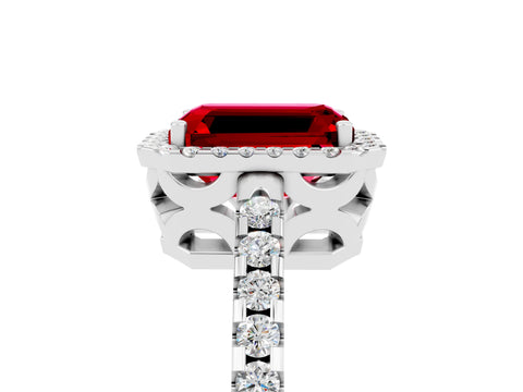 White gold Emerald Cut Ruby Halo Engagement Ring with Pavé Band and Prong Setting_17