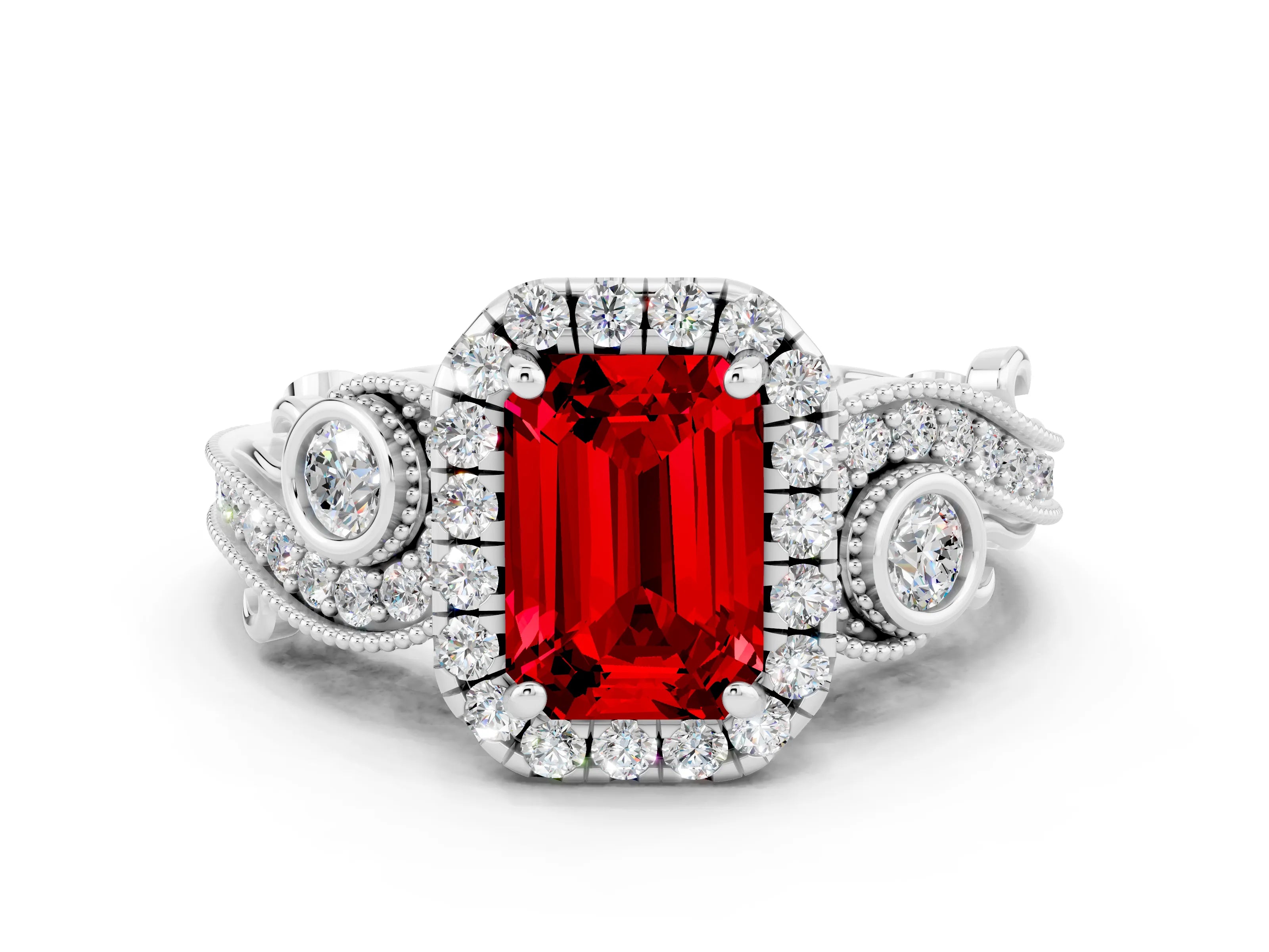 White gold Emerald Cut Ruby Halo Ring with Milgrain Pavé Band and Four-Prong Setting_12