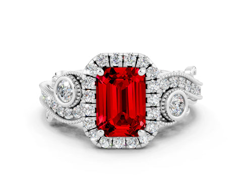 White gold Emerald Cut Ruby Halo Ring with Milgrain Pavé Band and Four-Prong Setting_12