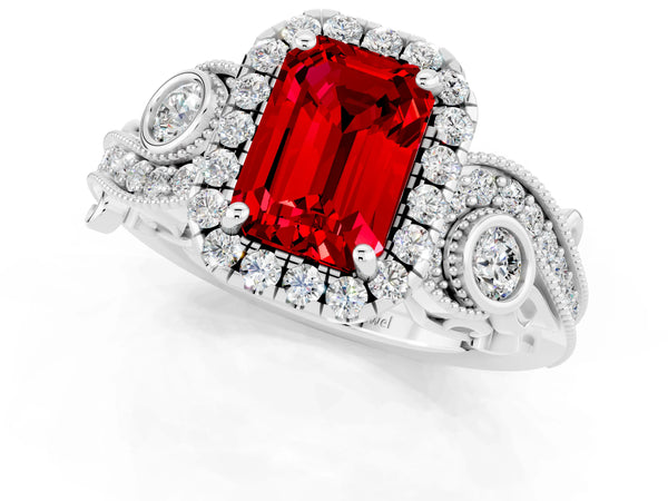 Platinum Emerald Cut Ruby Halo Ring with Milgrain Pavé Band and Four-Prong Setting