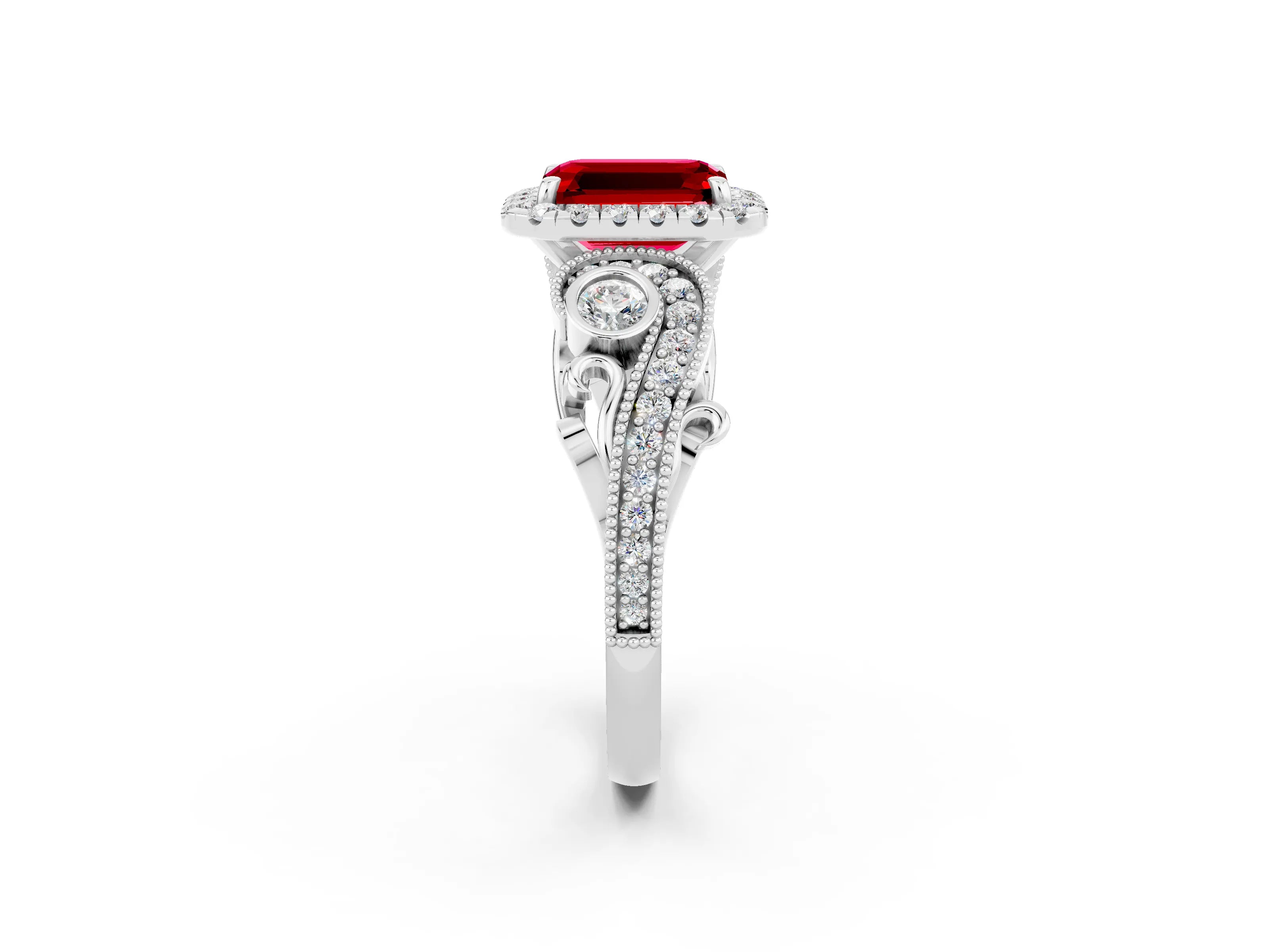 White gold Emerald Cut Ruby Halo Ring with Milgrain Pavé Band and Four-Prong Setting_14