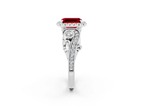 White gold Emerald Cut Ruby Halo Ring with Milgrain Pavé Band and Four-Prong Setting_14