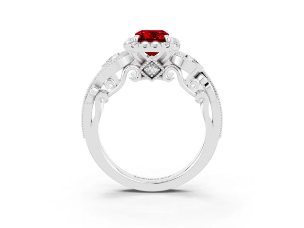 Platinum Emerald Cut Ruby Halo Ring with Milgrain Pavé Band and Four-Prong Setting