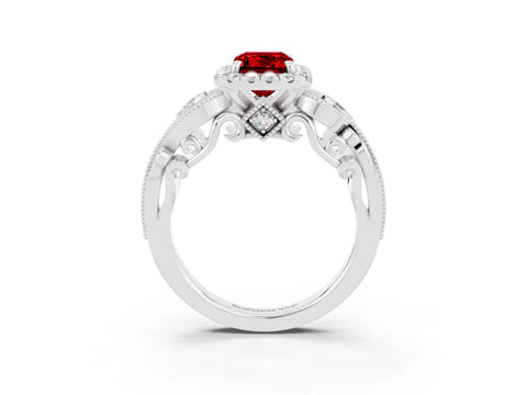 White gold Emerald Cut Ruby Halo Ring with Milgrain Pavé Band and Four-Prong Setting_15
