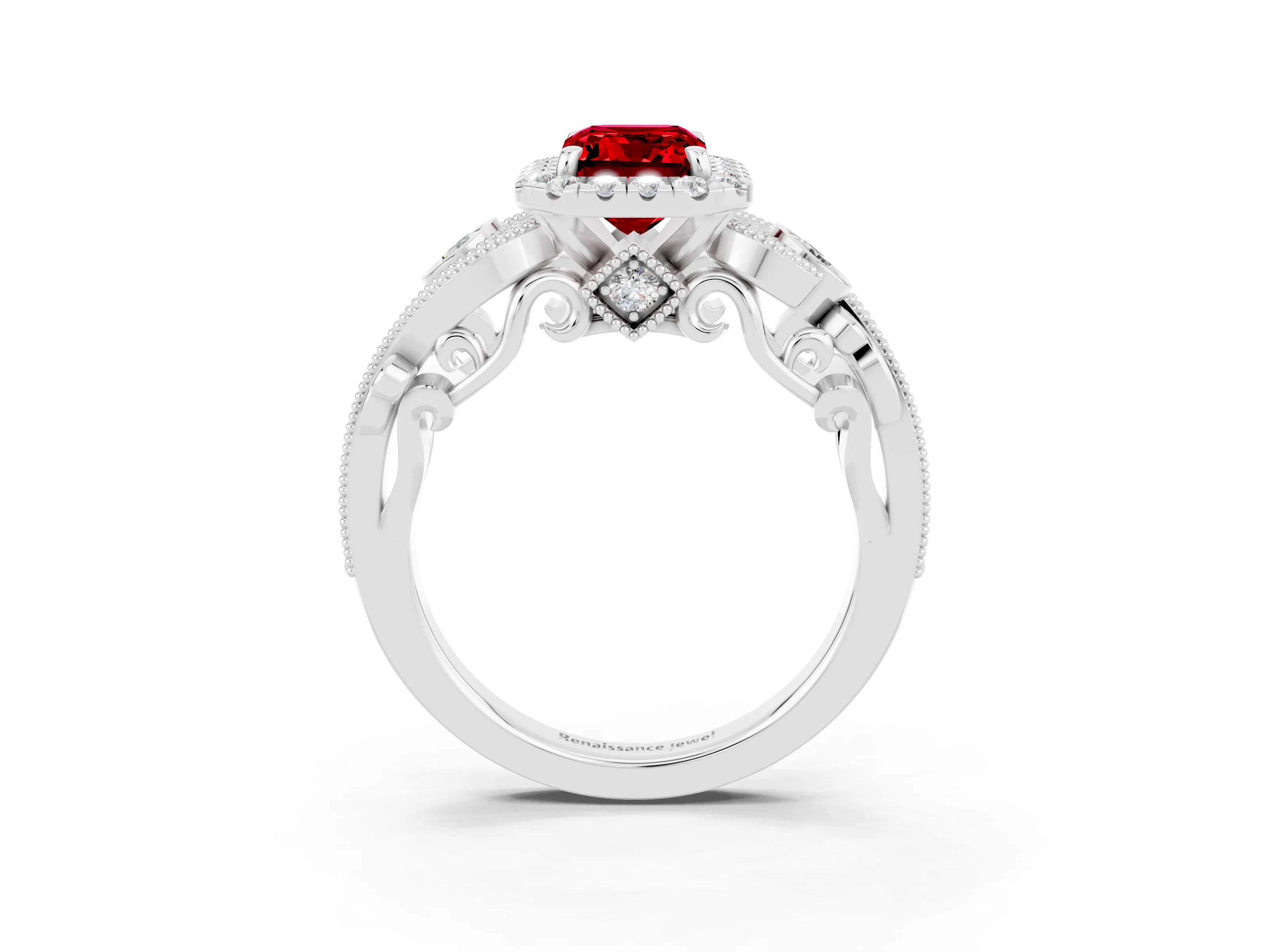 White gold Emerald Cut Ruby Halo Ring with Milgrain Pavé Band and Four-Prong Setting_15