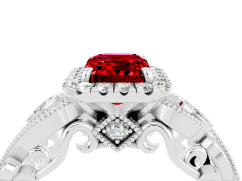 White gold Emerald Cut Ruby Halo Ring with Milgrain Pavé Band and Four-Prong Setting_16