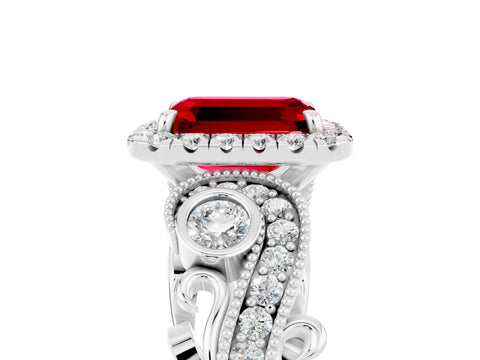 White gold Emerald Cut Ruby Halo Ring with Milgrain Pavé Band and Four-Prong Setting_17