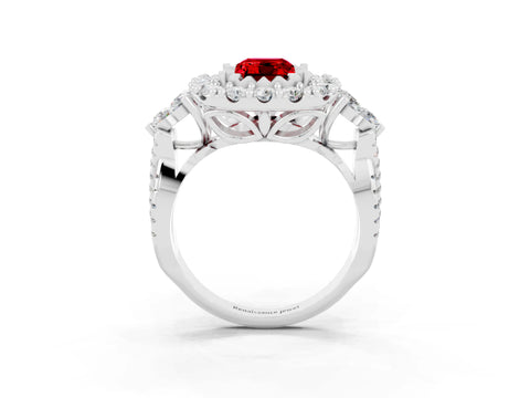 White gold Emerald Cut Ruby Halo Ring with Pavé Band and Four-Prong Setting_15