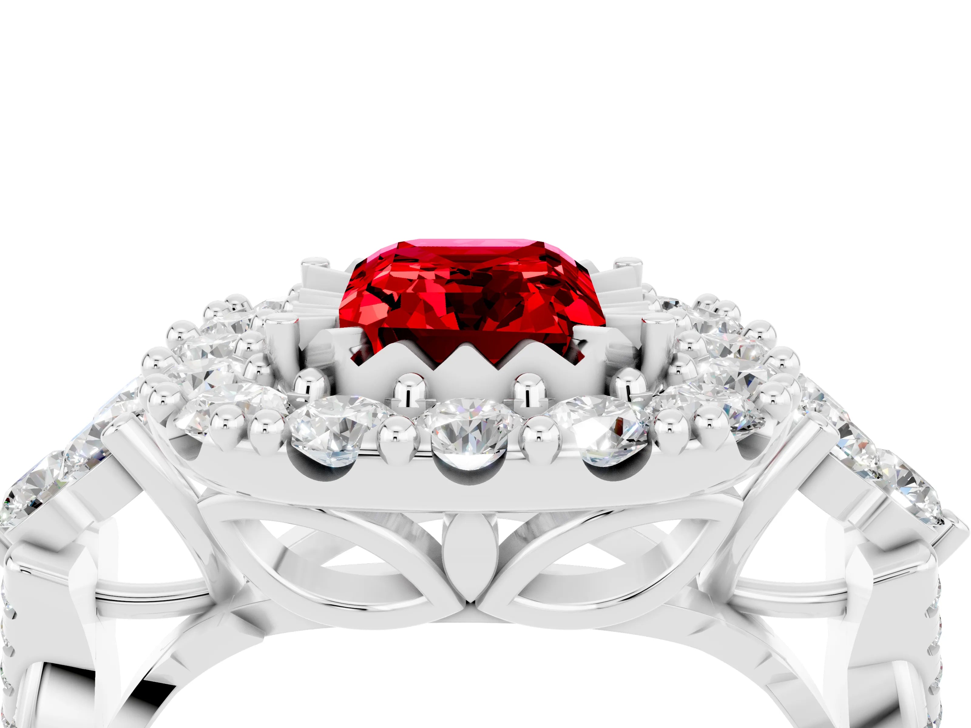White gold Emerald Cut Ruby Halo Ring with Pavé Band and Four-Prong Setting_16