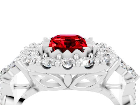 White gold Emerald Cut Ruby Halo Ring with Pavé Band and Four-Prong Setting_16