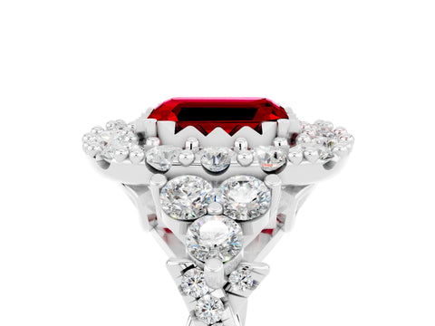 White gold Emerald Cut Ruby Halo Ring with Pavé Band and Four-Prong Setting_17