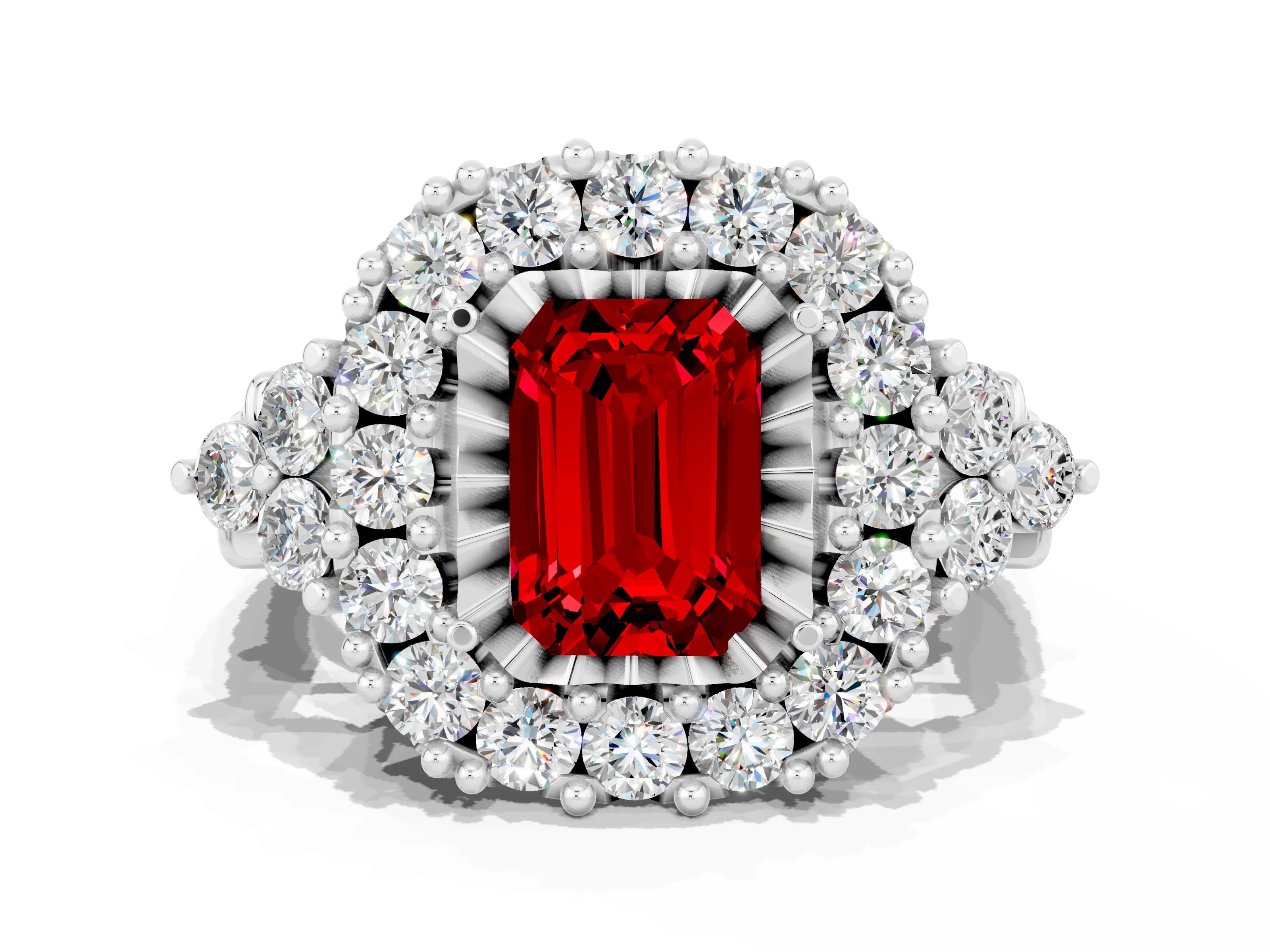 White gold Emerald Cut Ruby Halo Ring with Pavé Band and Four-Prong Setting_19
