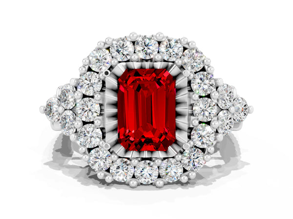 White gold Emerald Cut Ruby Halo Ring with Pavé Band and Four-Prong Setting