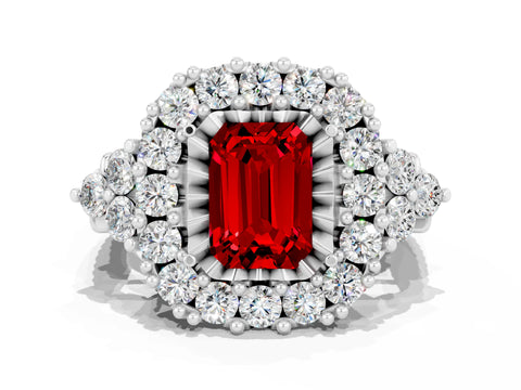 White gold Emerald Cut Ruby Halo Ring with Pavé Band and Four-Prong Setting_19