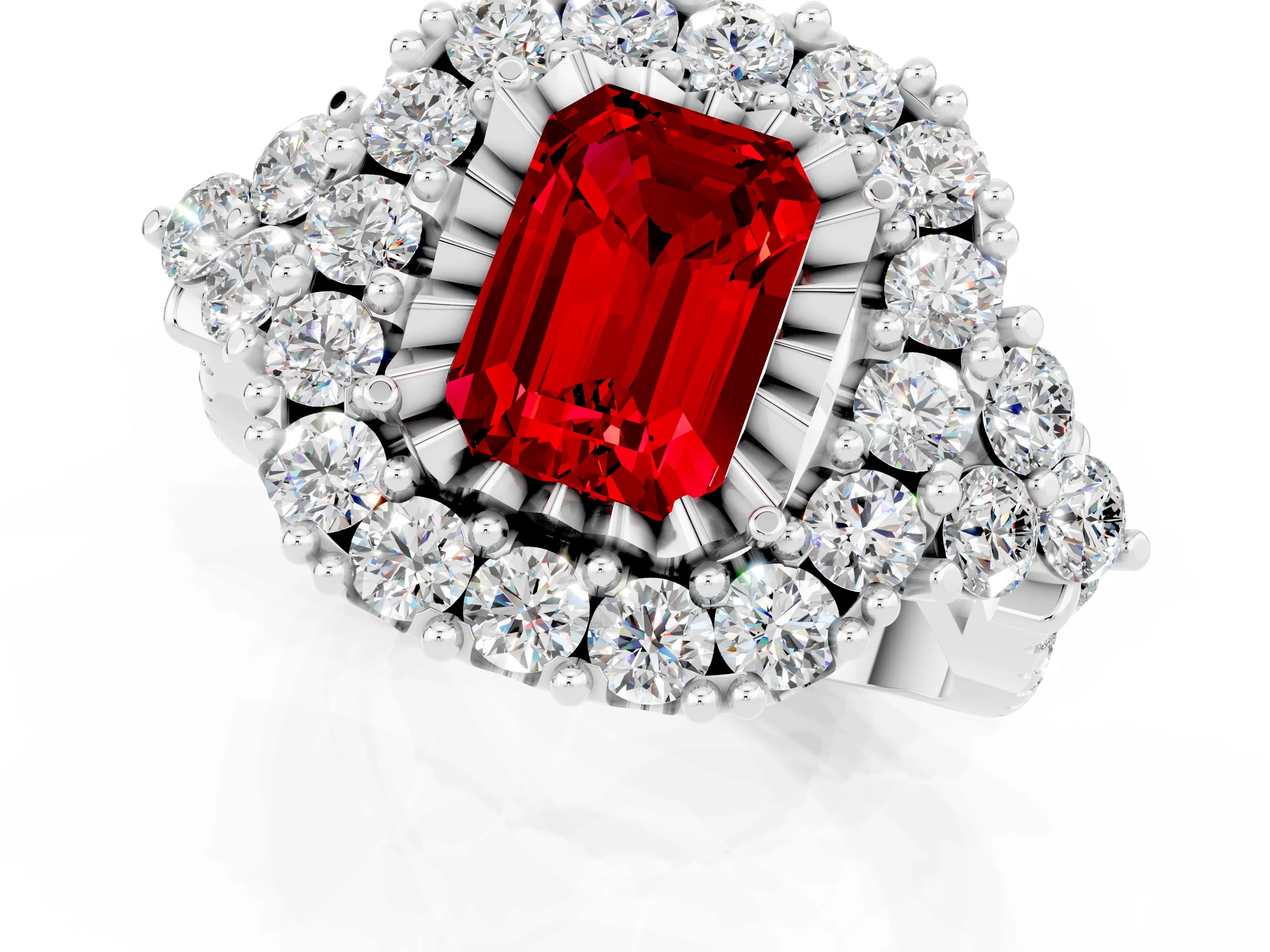 White gold Emerald Cut Ruby Halo Ring with Pavé Band and Four-Prong Setting_20