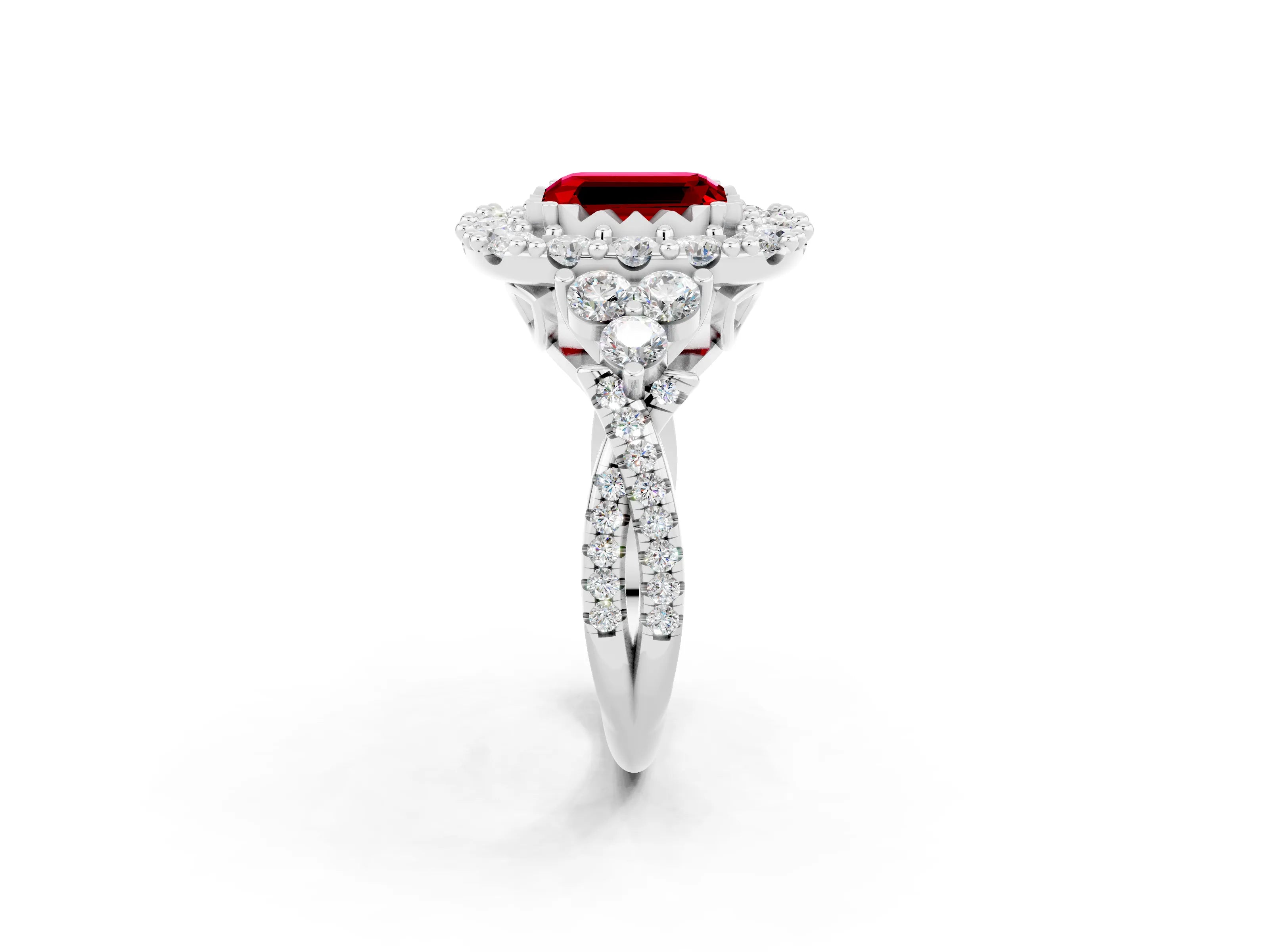 White gold Emerald Cut Ruby Halo Ring with Pavé Band and Four-Prong Setting_21