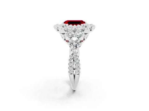 White gold Emerald Cut Ruby Halo Ring with Pavé Band and Four-Prong Setting_21