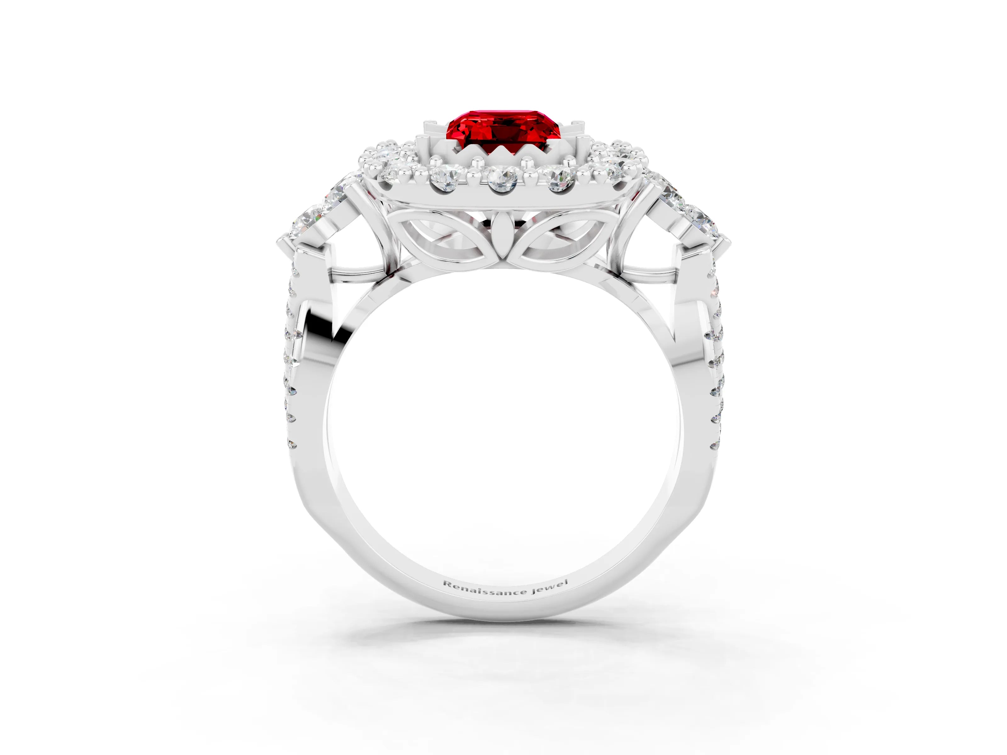 White gold Emerald Cut Ruby Halo Ring with Pavé Band and Four-Prong Setting_22
