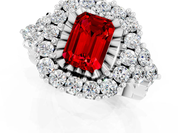 Platinum Emerald Cut Ruby Halo Ring with Pavé Band and Four-Prong Setting