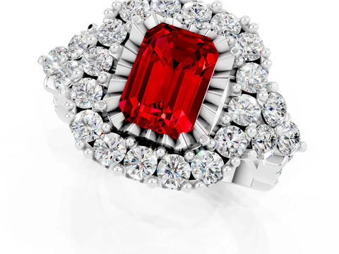 White gold Emerald Cut Ruby Halo Ring with Pavé Band and Four-Prong Setting_25
