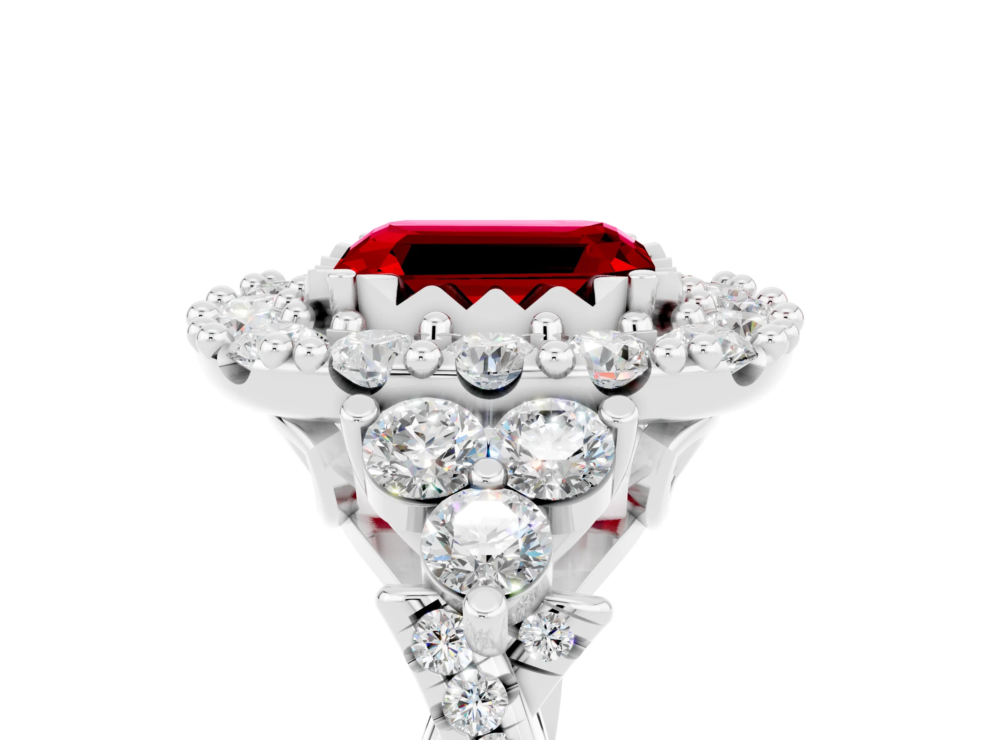 White gold Emerald Cut Ruby Halo Ring with Pavé Band and Four-Prong Setting_29