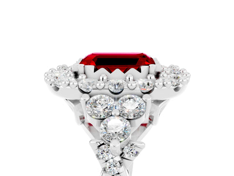 White gold Emerald Cut Ruby Halo Ring with Pavé Band and Four-Prong Setting_29