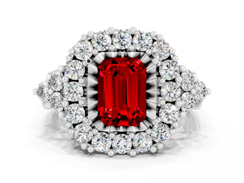 White gold Emerald Cut Ruby Halo Ring with Pavé Band and Four-Prong Setting_33