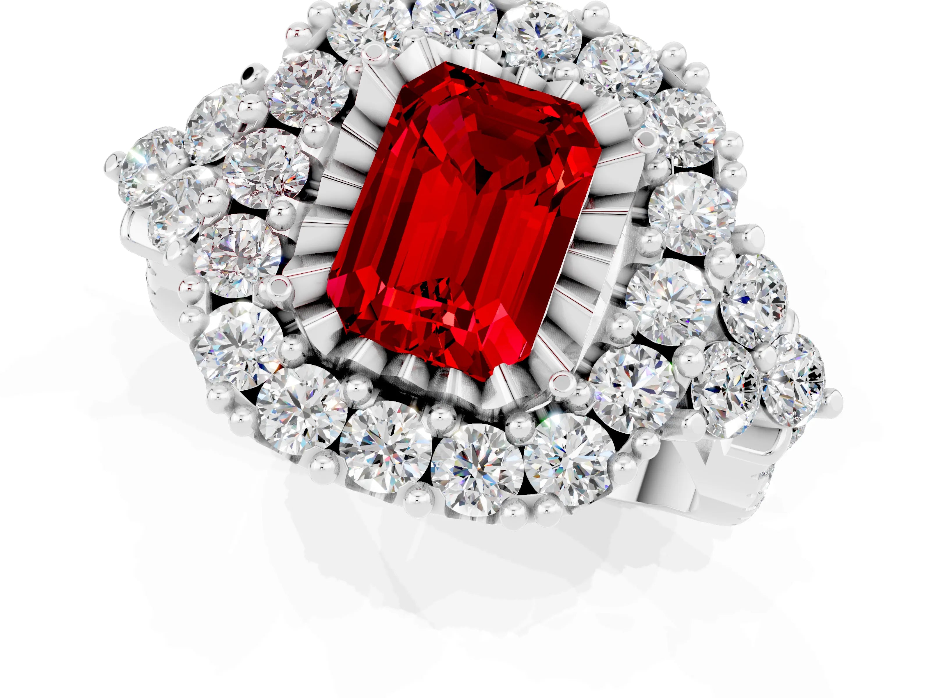 White gold Emerald Cut Ruby Halo Ring with Pavé Band and Four-Prong Setting_34